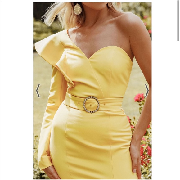 LAVISH ALICE one shoulder ruffle sleeve midi dress in pastel yellow ~ - Picture 3 of 10